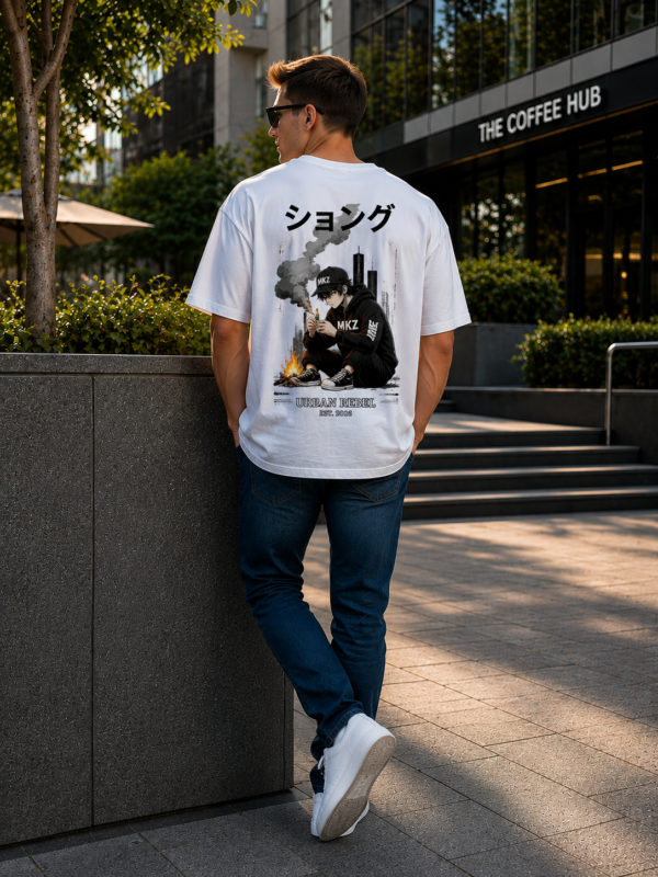 Urban Rebel Oversized T-Shirt for Men | Anime Graphic Back Print | Loopknit 240 GSM Premium Cotton | Streetwear Drop Shoulder Tee