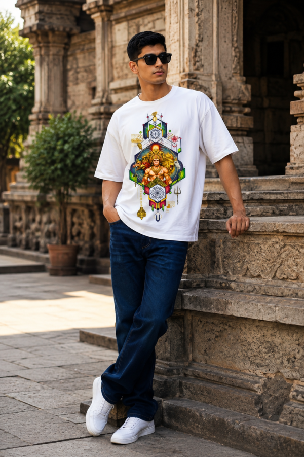 ChatGPT Image Aug 3, 2026, 06_04_39 PM Hanuman 777 Oversized Men T-Shirt | Divine Power Graphic Print | White