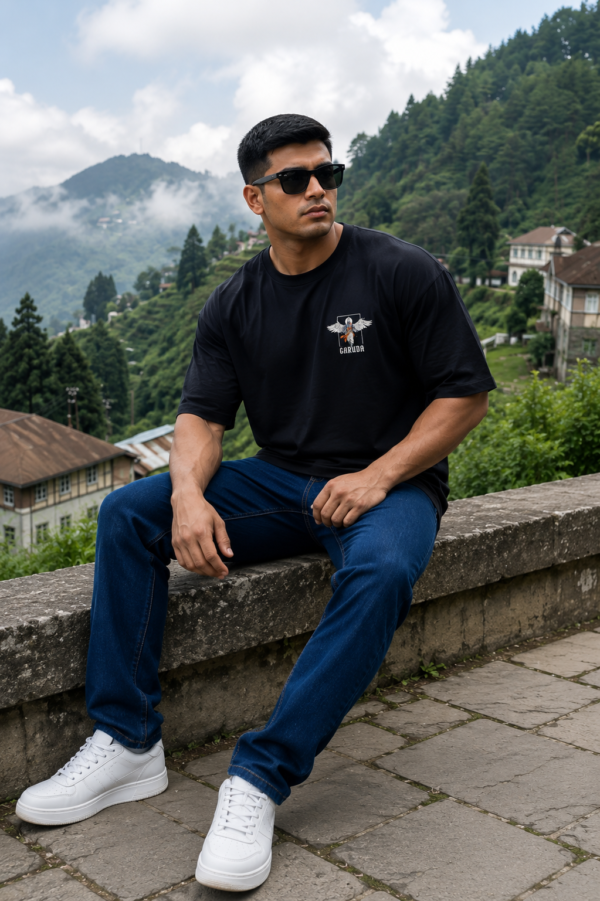 Mens Oversized Garuda Graphic T-Shirt with Powerful Back Print | Premium Loopknit 240 GSM | Mythological Streetwear & Casual Wear for Men by giftspeaks