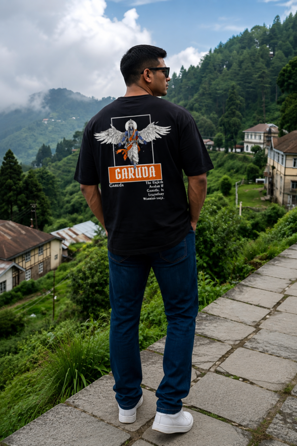 Mens Oversized Garuda Graphic T-Shirt with Powerful Back Print | Premium Loopknit 240 GSM | Mythological Streetwear & Casual Wear for Men by giftspeaks