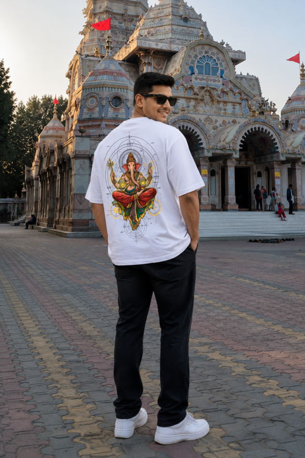 Mens Oversized White T-Shirt | Lord Ganesha Graphic Print | Loopknit 240 GSM Premium Heavy Fabric | Spiritual Streetwear T-Shirt for Men
