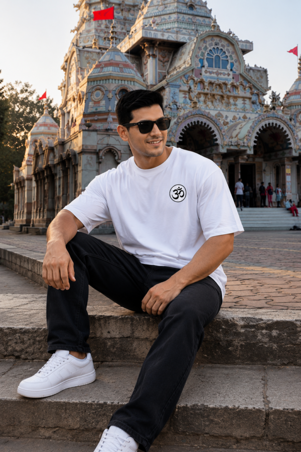 Mens Oversized White T-Shirt | Lord Ganesha Graphic Print | Loopknit 240 GSM Premium Heavy Fabric | Spiritual Streetwear T-Shirt for Men