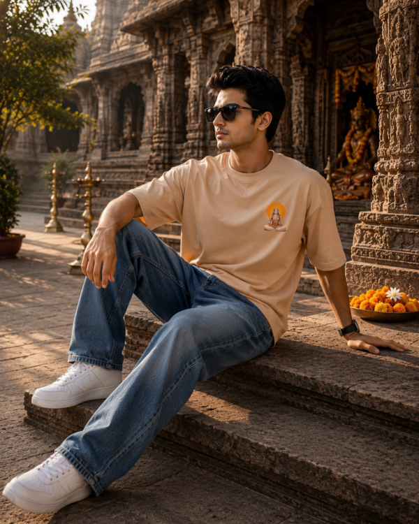 ChatGPT Image Aug 4, 2026, 02_44_44 PM Unisex Oversized Dancing Hanuman Graphic T-Shirt Energetic Devotion Design, Beige Cotton Tee