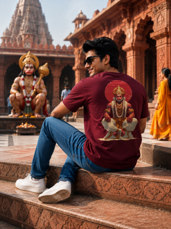 ChatGPT Image Aug 4, 2026, 03_24_22 PM Unisex Oversized Hanuman Graphic Printed T-Shirt for Men & Women | Spiritual Devotional Back Print Oversized Tee | Maroon Half Sleeve Loose Fit Streetwear T-Shirt | Loopknit 240 GSM Premium Cotton Casual Wear