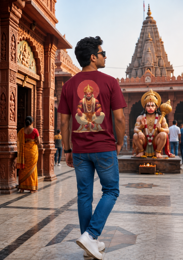 ChatGPT Image Aug 4, 2026, 03_24_26 PM Unisex Oversized Hanuman Graphic Printed T-Shirt for Men & Women | Spiritual Devotional Back Print Oversized Tee | Maroon Half Sleeve Loose Fit Streetwear T-Shirt | Loopknit 240 GSM Premium Cotton Casual Wear