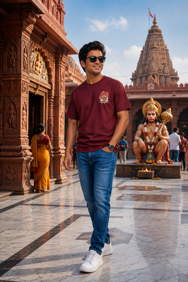 ChatGPT Image Aug 4, 2026, 03_24_29 PM Unisex Oversized Hanuman Graphic Printed T-Shirt for Men & Women | Spiritual Devotional Back Print Oversized Tee | Maroon Half Sleeve Loose Fit Streetwear T-Shirt | Loopknit 240 GSM Premium Cotton Casual Wear