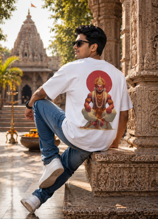 ChatGPT Image Aug 5, 2026, 02_23_53 PM Unisex Oversized Hanuman Graphic Printed T-Shirt for Men & Women | Spiritual Devotional Back Print Oversized Tee | White Half Sleeve Loose Fit Streetwear T-Shirt | Loopknit 240 GSM Premium Cotton Casual Wear