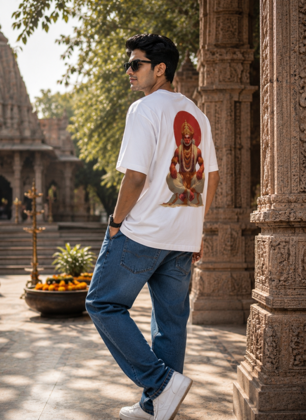 ChatGPT Image Aug 5, 2026, 02_23_56 PM Unisex Oversized Hanuman Graphic Printed T-Shirt for Men & Women | Spiritual Devotional Back Print Oversized Tee | White Half Sleeve Loose Fit Streetwear T-Shirt | Loopknit 240 GSM Premium Cotton Casual Wear