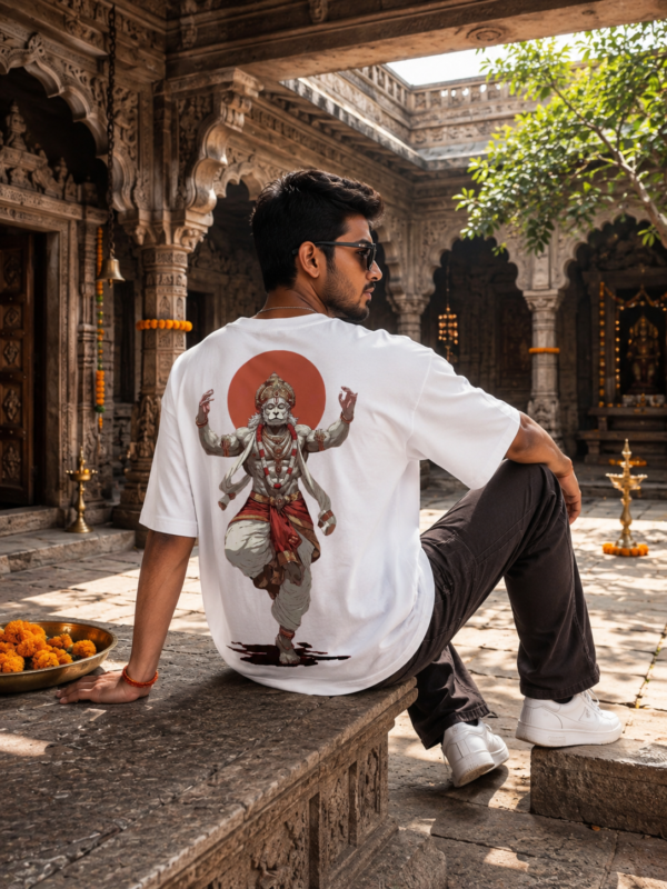Unisex Oversized Hanuman Warrior Graphic T-Shirt | Bold Devotion Design, White Cotton Tee