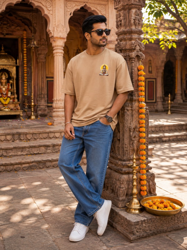 ChatGPT Image Aug 5, 2026, 05_07_47 PM Unisex Oversized Hanuman Warrior Graphic T-Shirt Bold Devotion Design, Beige Cotton Tee