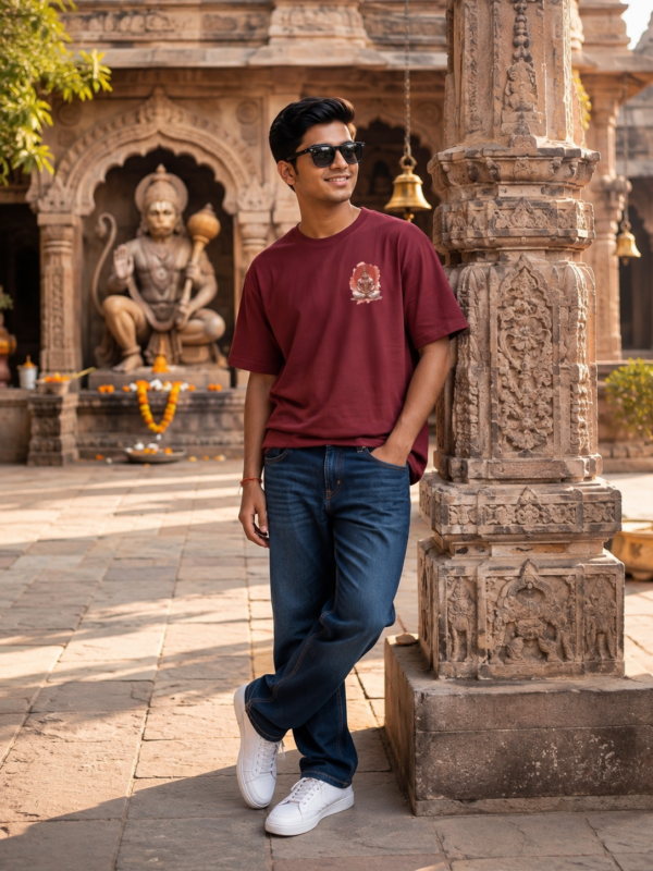 ChatGPT Image Aug 5, 2026, 05_39_04 PM Unisex Oversized Meditating Hanuman Graphic T-Shirt Spiritual Calm Design, Maroon Cotton Tee