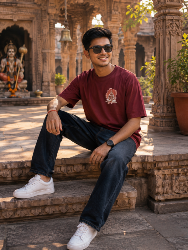 ChatGPT Image Aug 5, 2026, 05_39_10 PM Unisex Oversized Meditating Hanuman Graphic T-Shirt Spiritual Calm Design, Maroon Cotton Tee