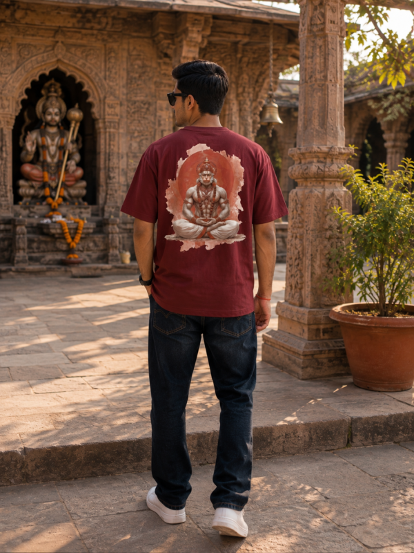 ChatGPT Image Aug 5, 2026, 05_39_13 PM Unisex Oversized Meditating Hanuman Graphic T-Shirt Spiritual Calm Design, Maroon Cotton Tee
