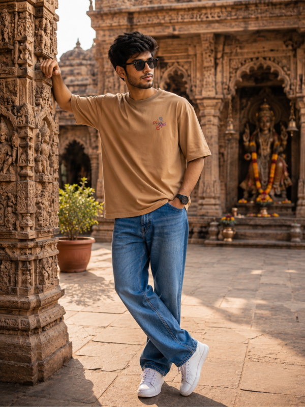 ChatGPT Image Aug 5, 2026, 05_49_04 PM Unisex Oversized Shiva & Hanuman Graphic T-Shirt Divine Fusion Artwork, beige/camel Cotton Tee