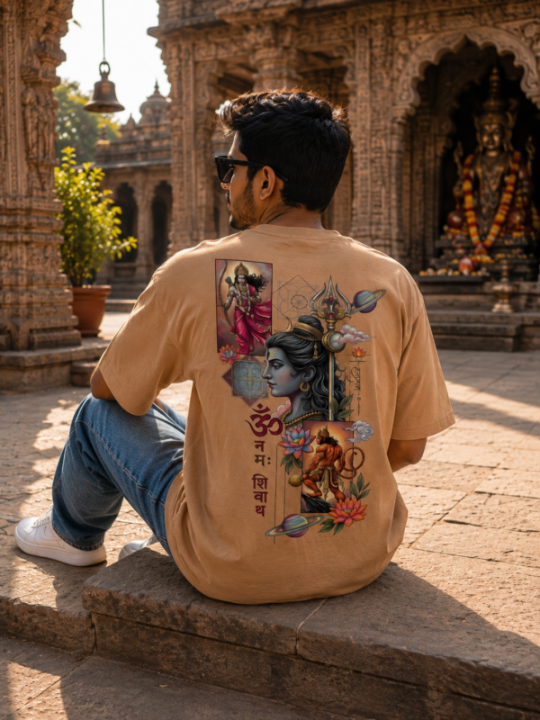 ChatGPT Image Aug 5, 2026, 05_50_47 PM Unisex Oversized Shiva & Hanuman Graphic T-Shirt Divine Fusion Artwork, beige/camel Cotton Tee
