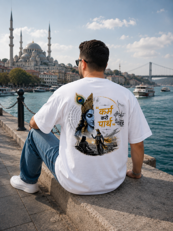 Unisex Oversized White Krishna Graphic Printed T-Shirt | Spiritual Devotional Theme Round Neck Half Sleeve Casual Streetwear Tee | Relaxed Fit Graphic T-Shirt for Men & Women Daily Wear, Travel & Festivals