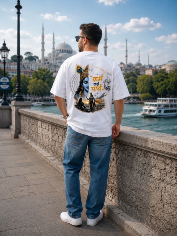 Unisex Oversized White Krishna Graphic Printed T-Shirt | Spiritual Devotional Theme Round Neck Half Sleeve Casual Streetwear Tee | Relaxed Fit Graphic T-Shirt for Men & Women Daily Wear, Travel & Festivals