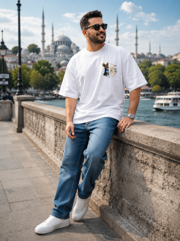 Unisex Oversized White Krishna Graphic Printed T-Shirt | Spiritual Devotional Theme Round Neck Half Sleeve Casual Streetwear Tee | Relaxed Fit Graphic T-Shirt for Men & Women Daily Wear, Travel & Festivals