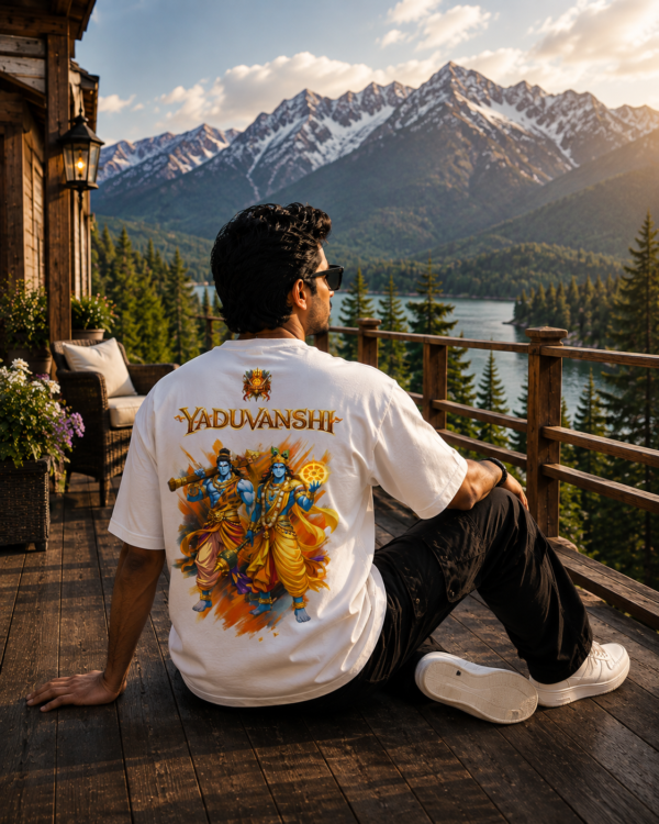 Yaduvanshi Oversized T-Shirt for Men | Krishna Balram Divine Art White Tee | Loopknit 240 GSM