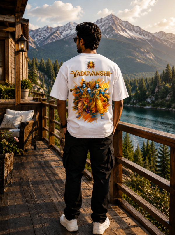 Yaduvanshi Oversized T-Shirt for Men | Krishna Balram Divine Art White Tee | Loopknit 240 GSM