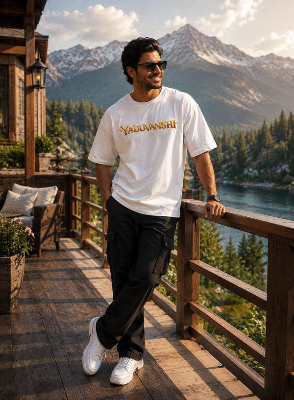 Yaduvanshi Oversized T-Shirt for Men | Krishna Balram Divine Art White Tee | Loopknit 240 GSM