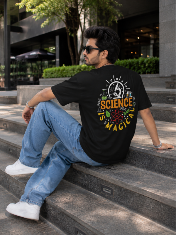 Black Science Graphic Printed Men’s Oversized T-Shirt | “Science Is Magic” Statement Back Print | Loopknit Fabric 240 GSM | Premium Casual Streetwear Tee – GiftSpeaks