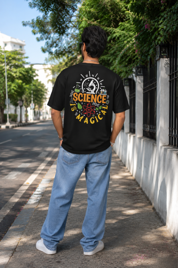 Black Science Graphic Printed Men’s Oversized T-Shirt | “Science Is Magic” Statement Back Print | Loopknit Fabric 240 GSM | Premium Casual Streetwear Tee – GiftSpeaks