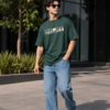 Men Dark Green Oversized Graphic T-Shirt | Vintage Portrait Back Print | Premium Loopknit Cotton 240 GSM Streetwear Tee