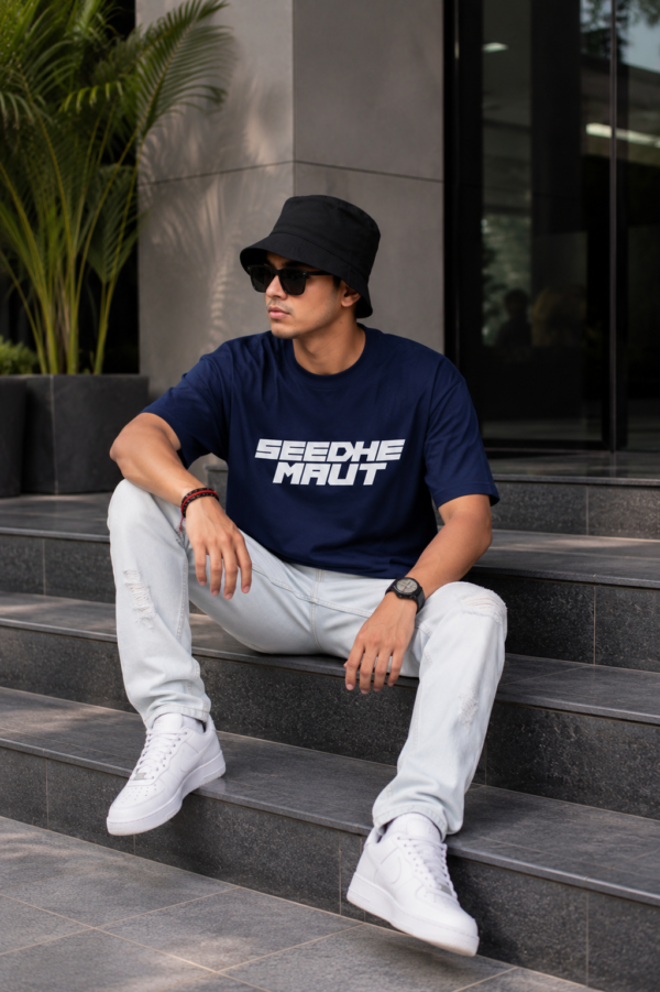Men Oversized Navy Blue Graphic Printed T-Shirt | Street Hip-Hop Back Print | Premium Loopknit Cotton 240 GSM | Casual Urban Style Tee