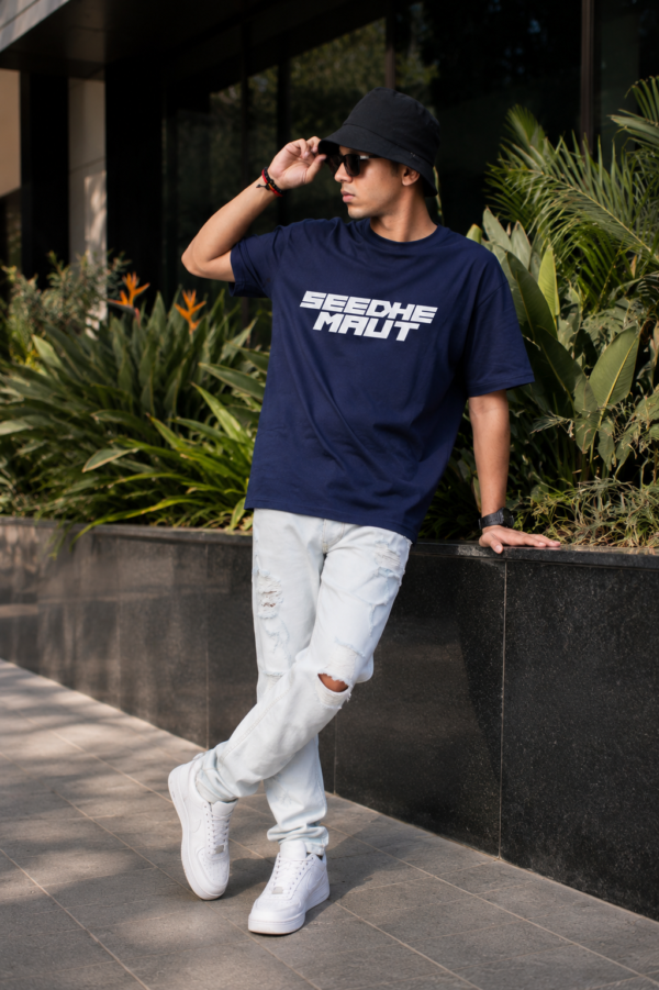 Men Oversized Navy Blue Graphic Printed T-Shirt | Street Hip-Hop Back Print | Premium Loopknit Cotton 240 GSM | Casual Urban Style Tee