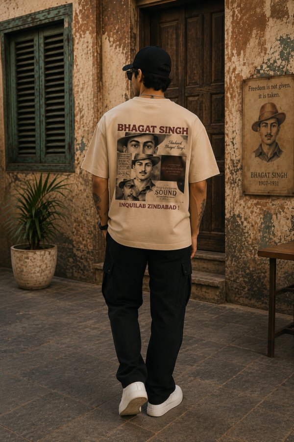 Men's Beige Oversized T-Shirt with Bhagat Singh Graphic Print | Loopknit 240 GSM | Patriotic Freedom Fighter Oversized Tee | Shaheed Bhagat Singh Tribute Back Print T-Shirt for Everyday Wear