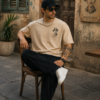 Men's Beige Oversized T-Shirt with Bhagat Singh Graphic Print | Loopknit 240 GSM | Patriotic Freedom Fighter Oversized Tee | Shaheed Bhagat Singh Tribute Back Print T-Shirt for Everyday Wear