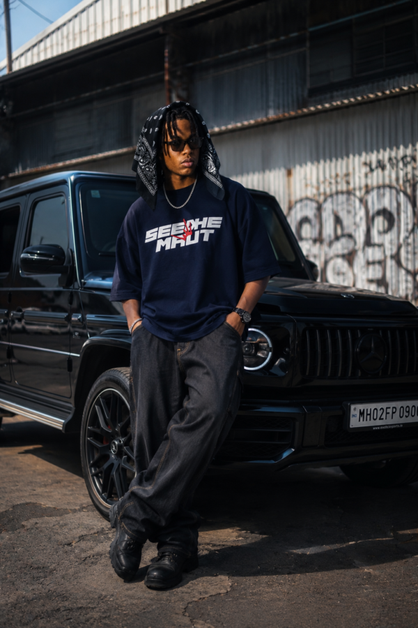 Men's Navy Blue Oversized Graphic T-Shirt | Hip-Hop Street Style Back Print | Premium Cotton Casual Wear