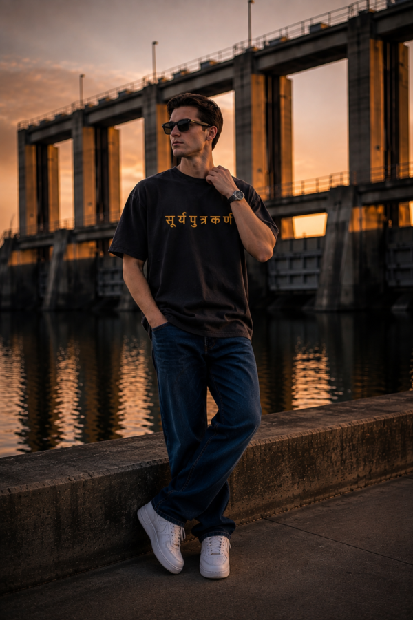 Men's Oversized Black Graphic T-Shirt | Karna Mahabharata Back Print | Loopknit 240 GSM Streetwear Tee