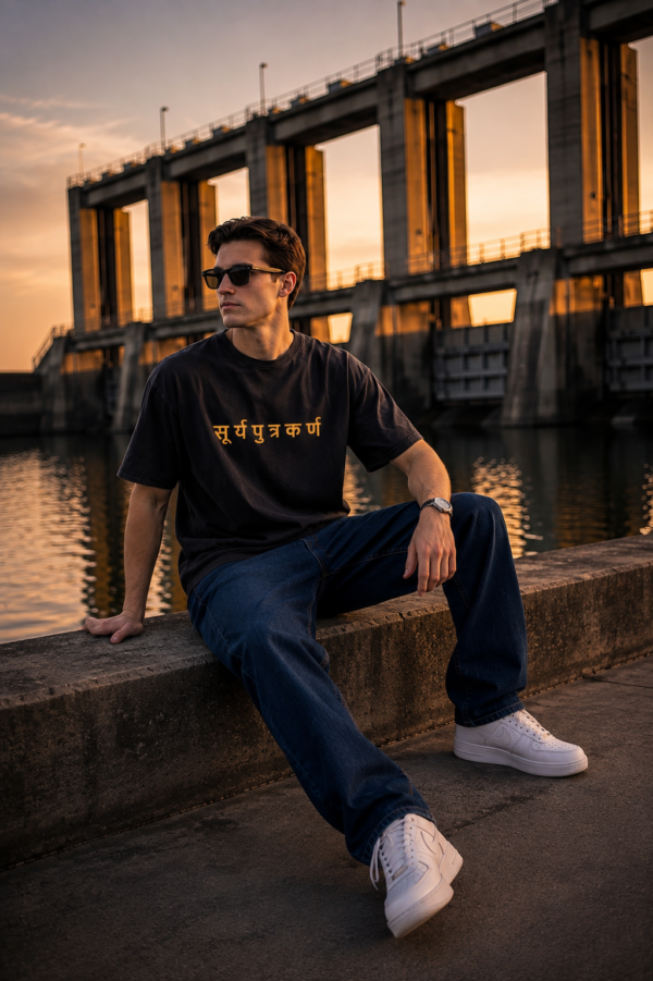 Men's Oversized Black Graphic T-Shirt | Karna Mahabharata Back Print | Loopknit 240 GSM Streetwear Tee