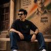 Mens Oversized Black T-Shirt | Shaheed Bhagat Singh Graphic Print | Loopknit 240 GSM Heavy Cotton | Freedom Fighter Tribute Streetwear Tee for Men