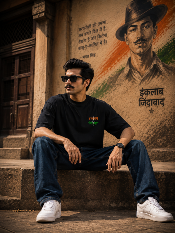 Mens Oversized Black T-Shirt | Shaheed Bhagat Singh Graphic Print | Loopknit 240 GSM Heavy Cotton | Freedom Fighter Tribute Streetwear Tee for Men