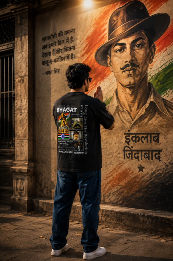 Mens Oversized Black T-Shirt | Shaheed Bhagat Singh Graphic Print | Loopknit 240 GSM Heavy Cotton | Freedom Fighter Tribute Streetwear Tee for Men