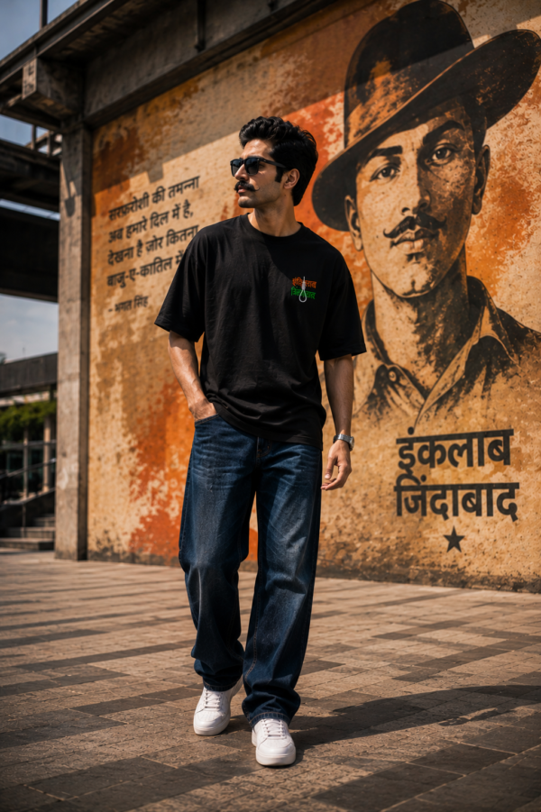 Mens Oversized Black T-Shirt | Shaheed Bhagat Singh Graphic Print | Loopknit 240 GSM Heavy Cotton | Freedom Fighter Tribute Streetwear Tee for Men