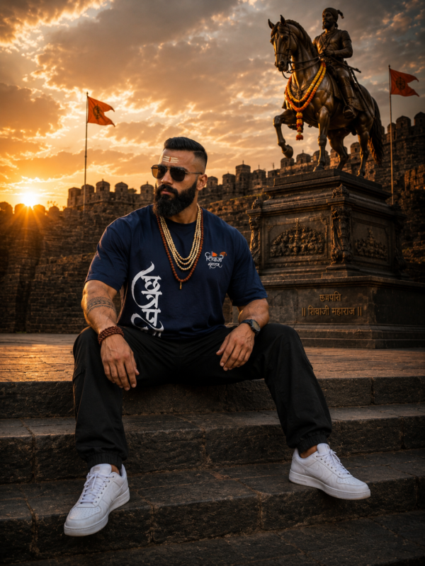 Shivaji Maharaj Oversized T-Shirt for Men | Navy Blue Drop Shoulder Tee | Loopknit 240 GSM Premium Streetwear | Maratha Pride Edition