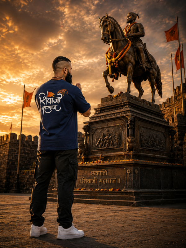 Shivaji Maharaj Oversized T-Shirt for Men | Navy Blue Drop Shoulder Tee | Loopknit 240 GSM Premium Streetwear | Maratha Pride Edition
