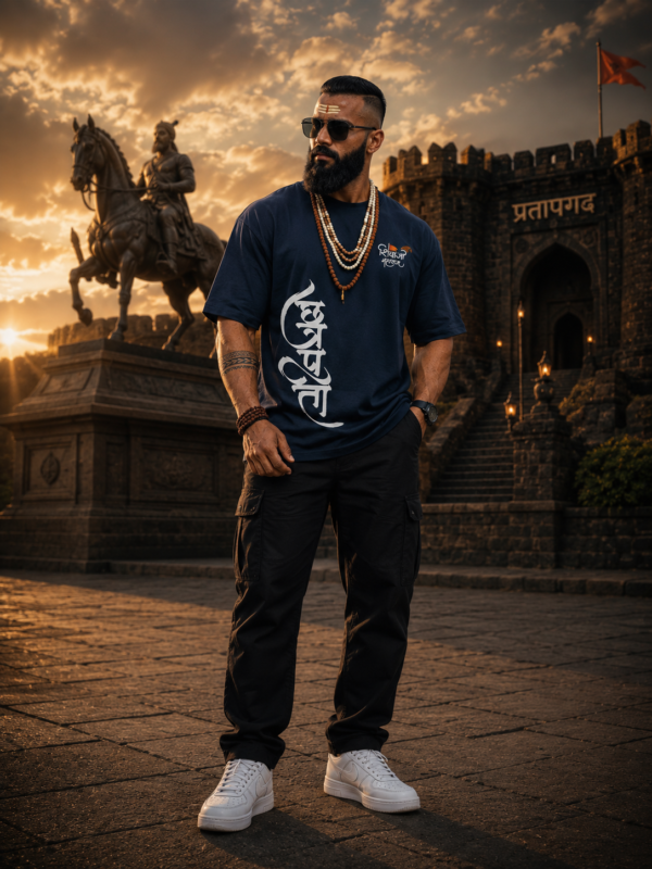 Shivaji Maharaj Oversized T-Shirt for Men | Navy Blue Drop Shoulder Tee | Loopknit 240 GSM Premium Streetwear | Maratha Pride Edition