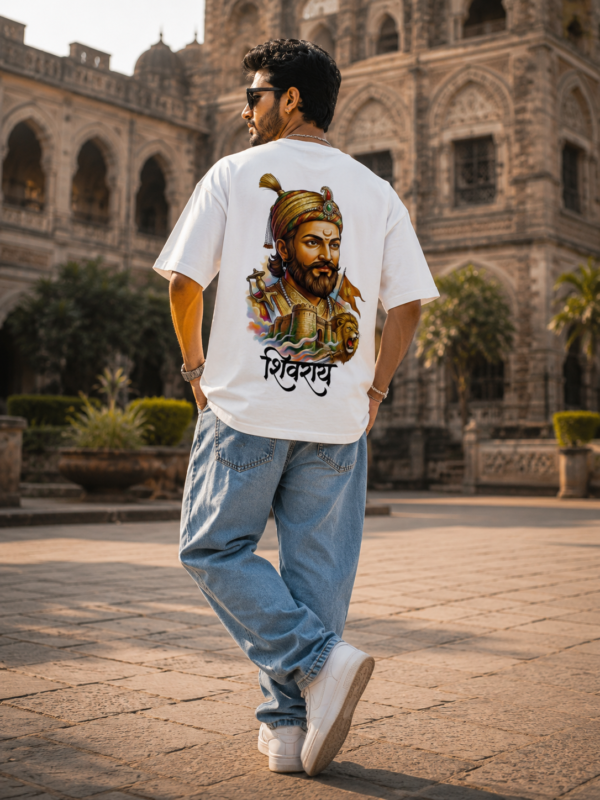 Shivray White Oversized T Shirt for Men | Shivaji Maharaj Printed Oversize Cotton T-Shirt | Premium Loopknit 240 GSM Streetwear Graphic Tee | Royal Maratha Culture T Shirt � Giftspeaks