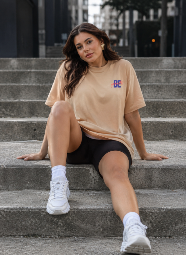 ChatGPT Image Jul 21, 2026, 04_20_47 PM Women Beige Oversized T-Shirt with Be Yourself Print | Loopknit 240 GSM | Casual Aesthetic Graphic Tee