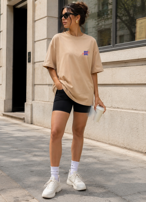 ChatGPT Image Jul 21, 2026, 04_25_33 PM Women Beige Oversized T-Shirt with Be Yourself Print | Loopknit 240 GSM | Casual Aesthetic Graphic Tee