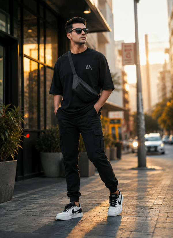 ChatGPT Image Jul 21, 2026, 12_36_37 PM Men Black Oversized Graphic T-Shirt with Crown Front Detail and Bold Tech-Inspired Back Print Streetwear Style
