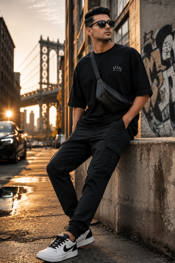 ChatGPT Image Jul 21, 2026, 12_50_51 PM Men Black Oversized Graphic T-Shirt with Crown Front Detail and Bold Tech-Inspired Back Print Streetwear Style