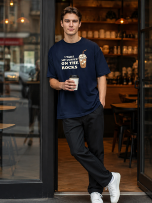 ChatGPT Image Jul 22, 2026, 02_59_36 PM Mens Oversized Navy Blue Coffee Quote Graphic T-Shirt I Take My Coffee On The Rocks� Print | Premium Loopknit Cotton 240 GSM | Casual Streetwear Tee