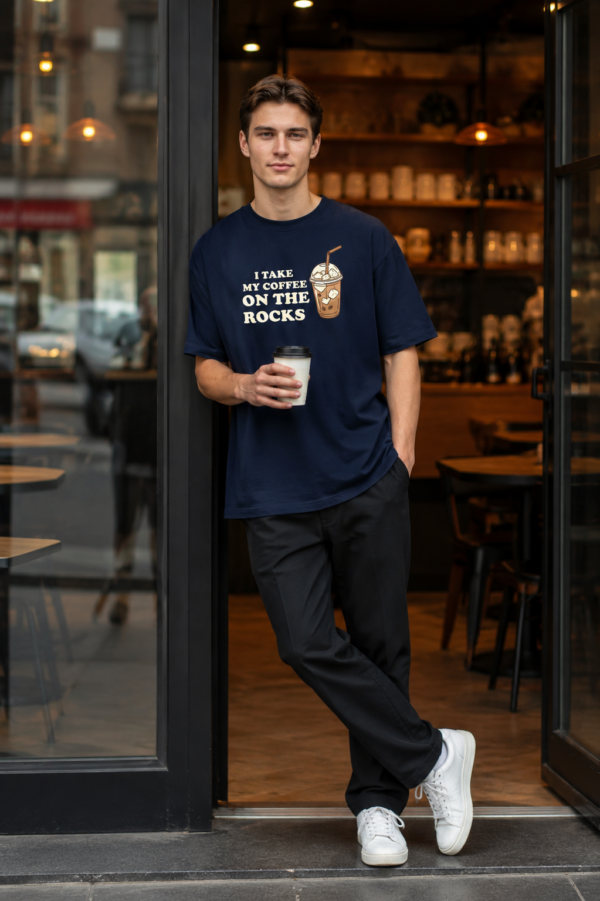 Mens Oversized Navy Blue Coffee Quote Graphic T-Shirt I Take My Coffee On The Rocks� Print | Premium Loopknit Cotton 240 GSM | Casual Streetwear Tee