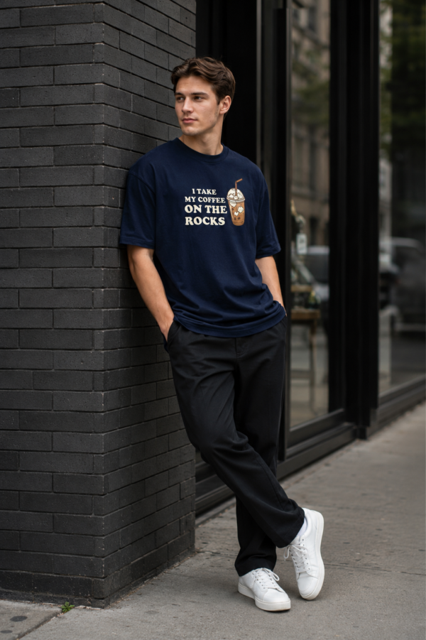 Mens Oversized Navy Blue Coffee Quote Graphic T-Shirt I Take My Coffee On The Rocks� Print | Premium Loopknit Cotton 240 GSM | Casual Streetwear Tee